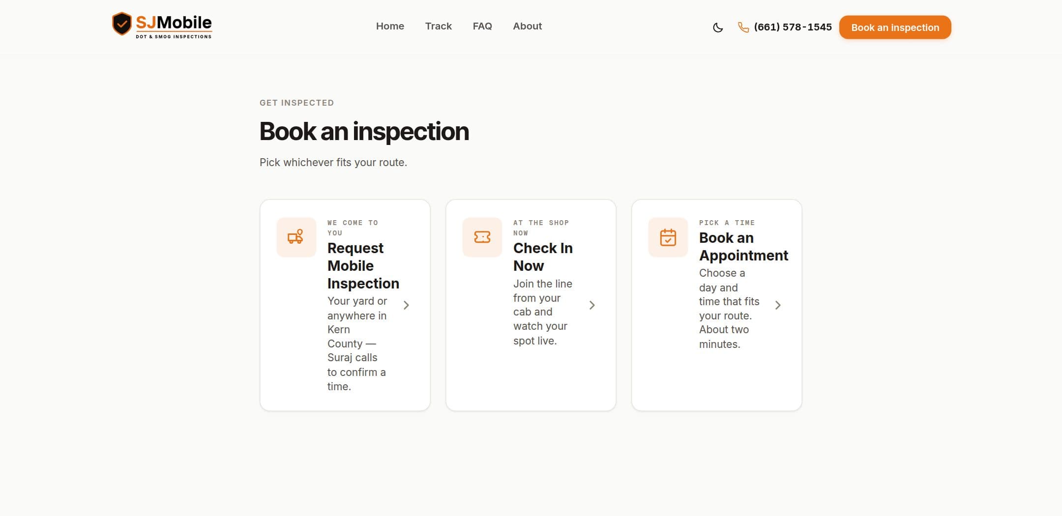 The booking page offering three routes: request a mobile inspection, check in at the shop now, or book an appointment.