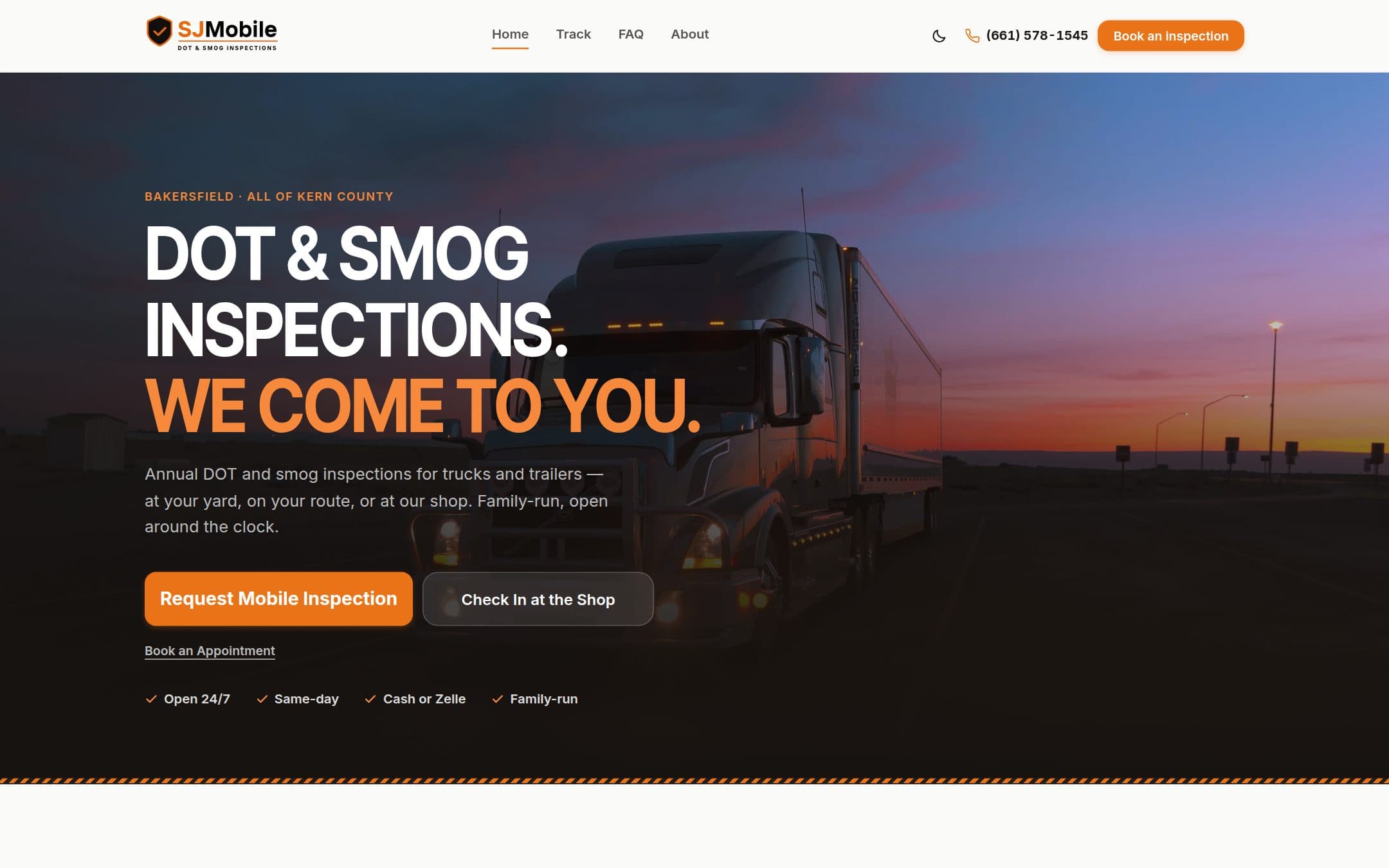 The SJ Mobile homepage: a truck at dusk behind the headline “DOT and smog inspections. We come to you.”